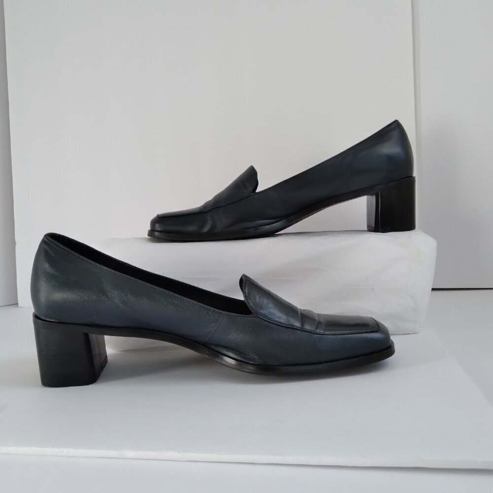 Stylish 90's Navy Leather 'Status' Slip On Square Toe Block Heel Shoes Sz 8.5 - Picture 8 of 10